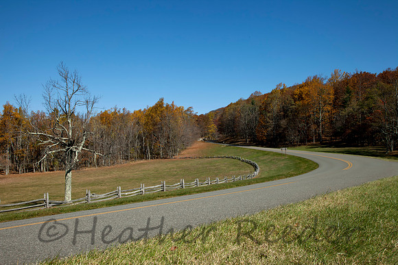 Curvy road winding around fence and field