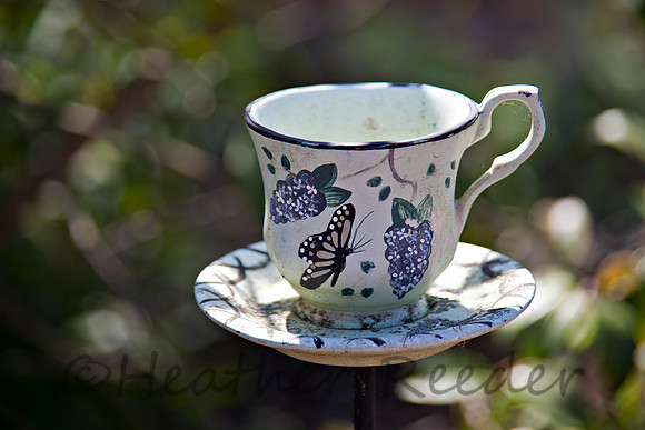 Vintage teacup surrounded by green foliage.