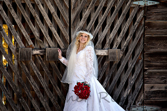 Bride in front of barn doors